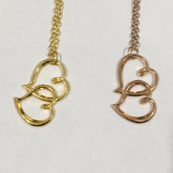 Double Heart Pendant Necklace, Gold Tone or Rose Gold Tone - Picture 4 of 5